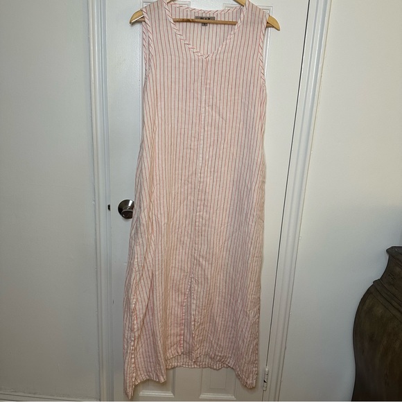 Flax Dresses & Skirts - FLAX White Linen Pink Stripe Midi Dress Small Lagenlook Sleeveless